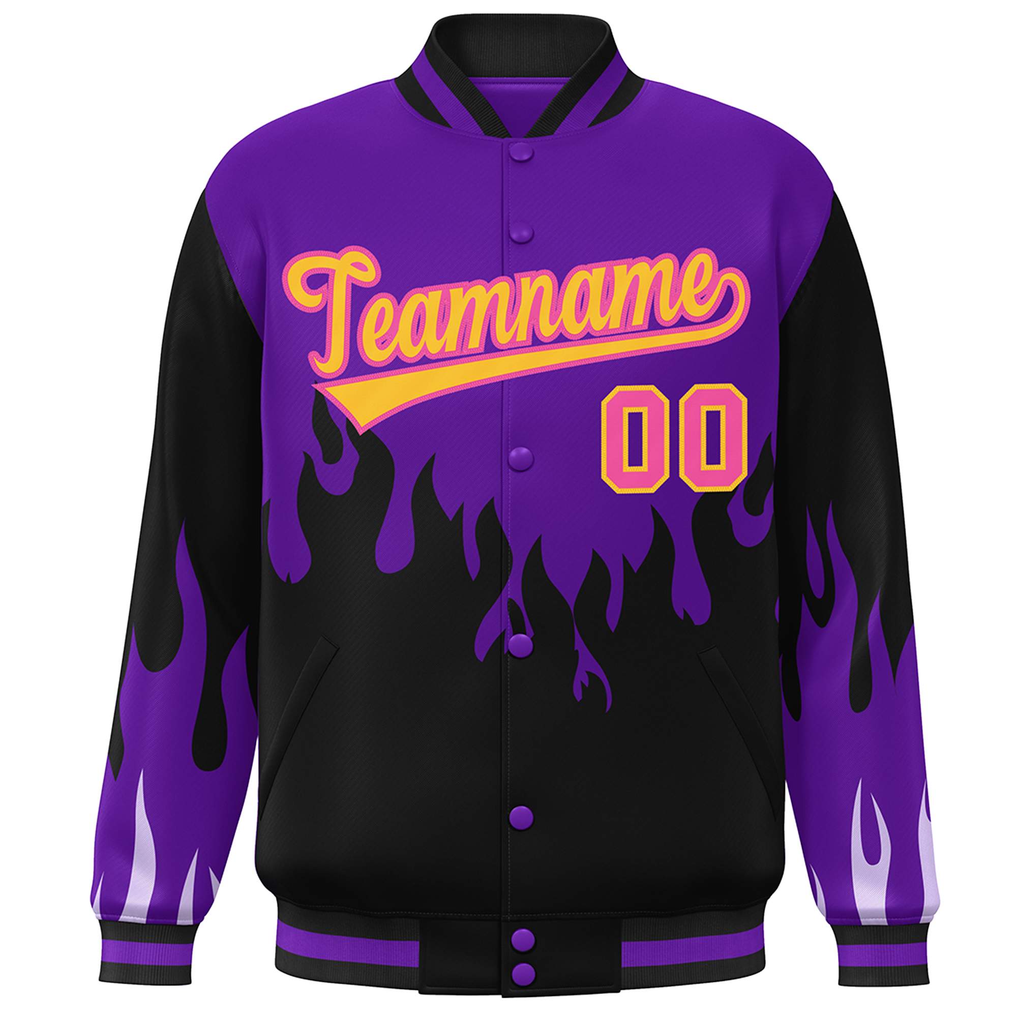 Custom Purple Black-Yellow Flame Graffiti Pattern Bomber Varsity Full-Snap Jacket