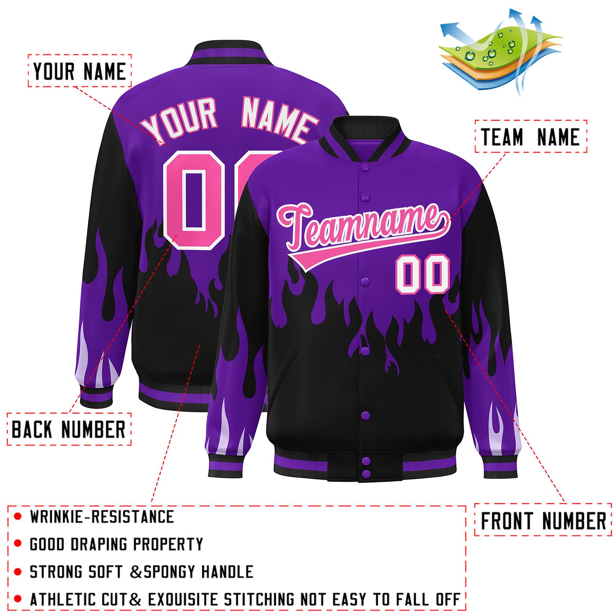 Custom Purple Black-Pink Flame Graffiti Pattern Bomber Varsity Full-Snap Jacket