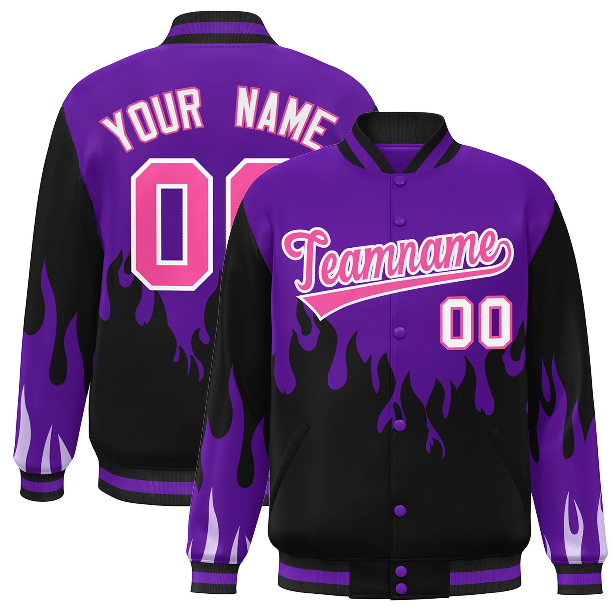 Custom Purple Black-Pink Flame Graffiti Pattern Bomber Varsity Full-Snap Jacket