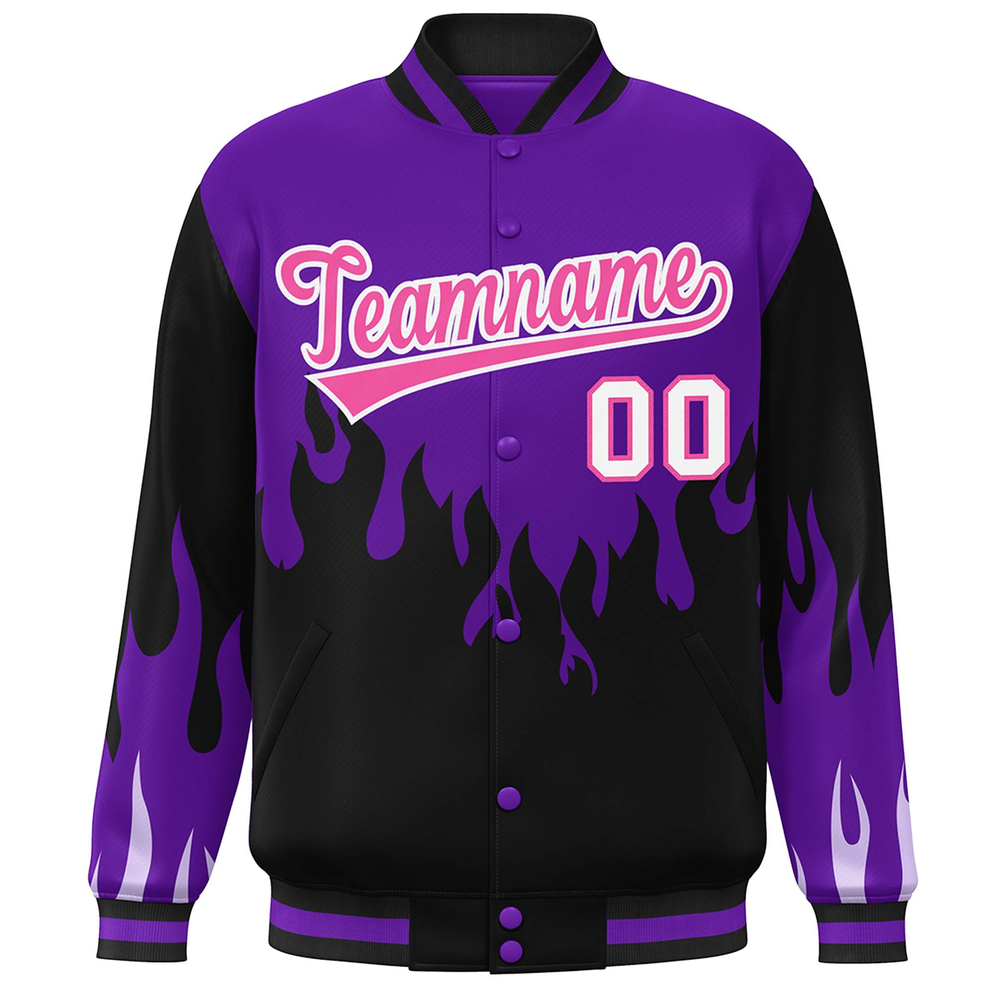 Custom Purple Black-Pink Flame Graffiti Pattern Bomber Varsity Full-Snap Jacket