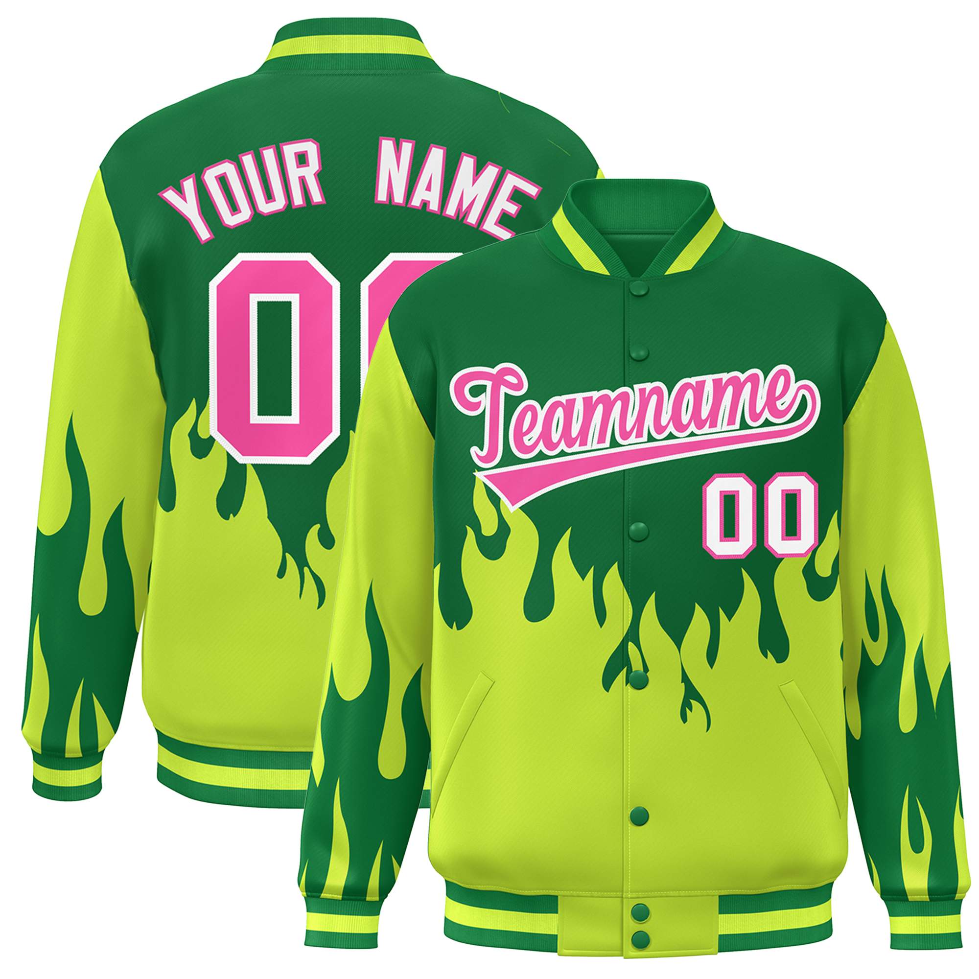 Custom Green Pink Flame Graffiti Pattern Bomber Varsity Full-Snap Jacket