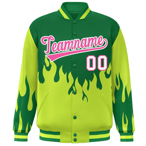 Custom Green Pink Flame Graffiti Pattern Bomber Varsity Full-Snap Jacket