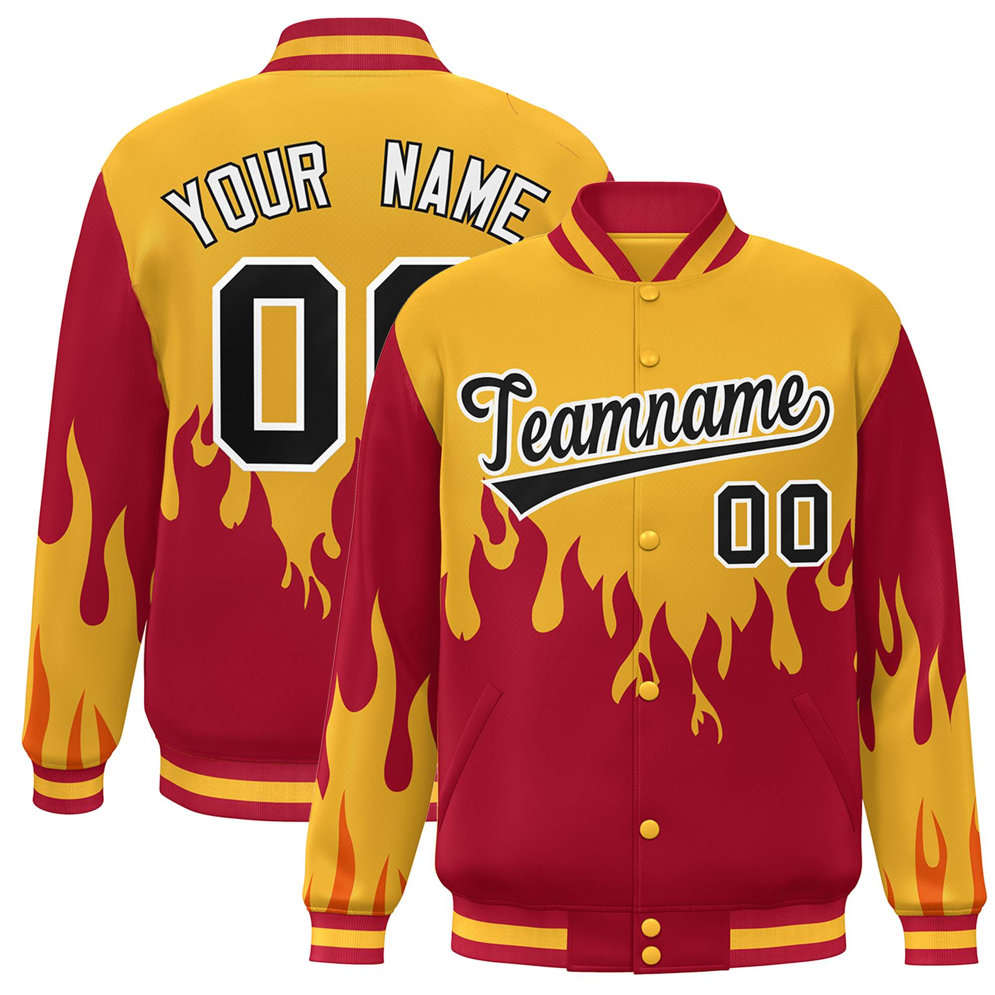 Custom Gold Red-Black Flame Graffiti Pattern Bomber Varsity Full-Snap Jacket