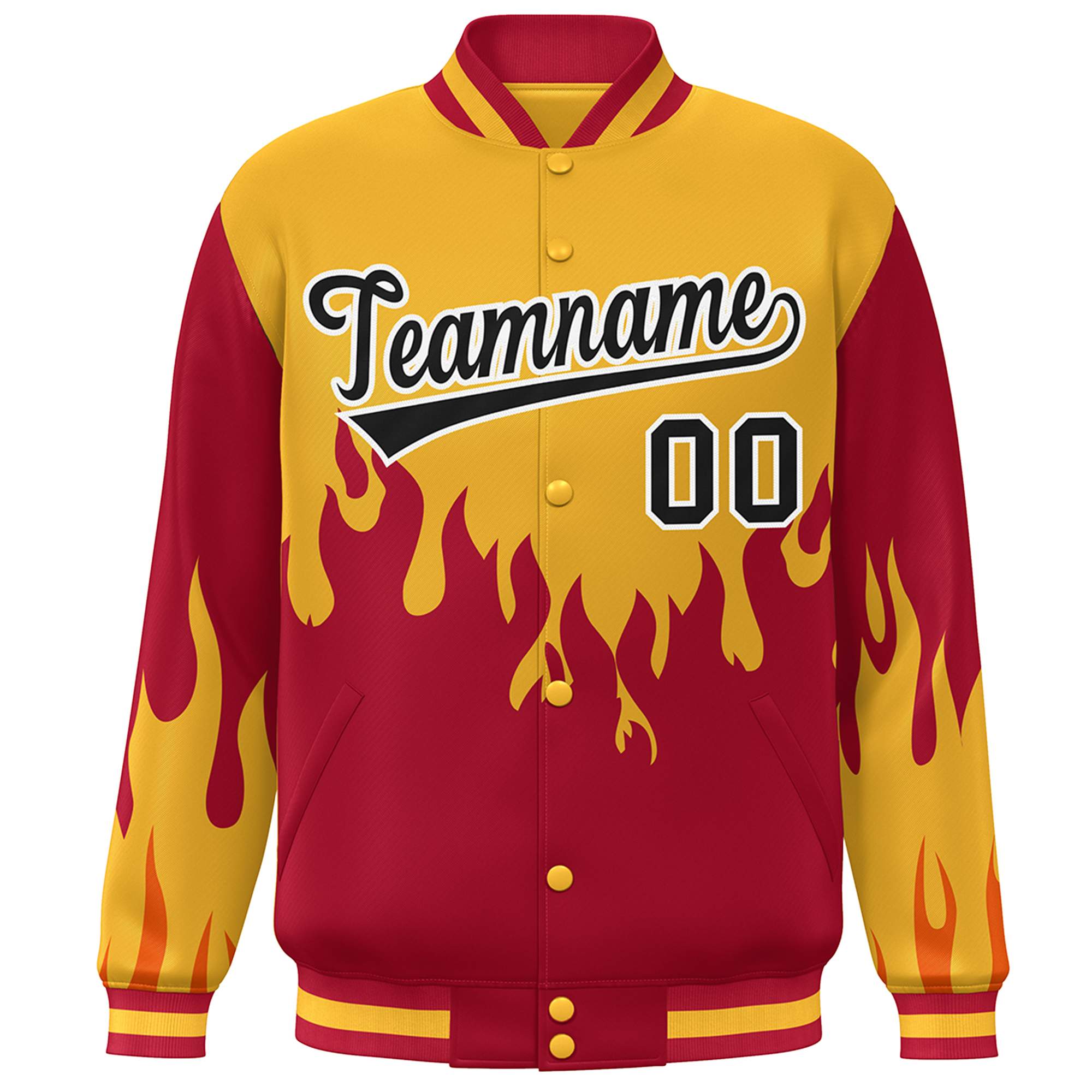 Custom Gold Red-Black Flame Graffiti Pattern Bomber Varsity Full-Snap Jacket