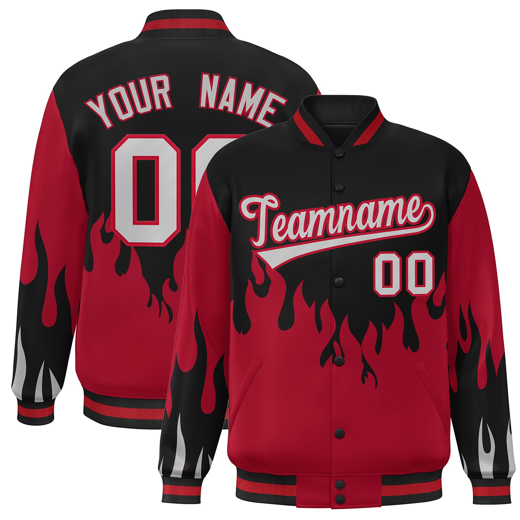 Custom Black Red-Gray Flame Graffiti Pattern Bomber Varsity Full-Snap Jacket