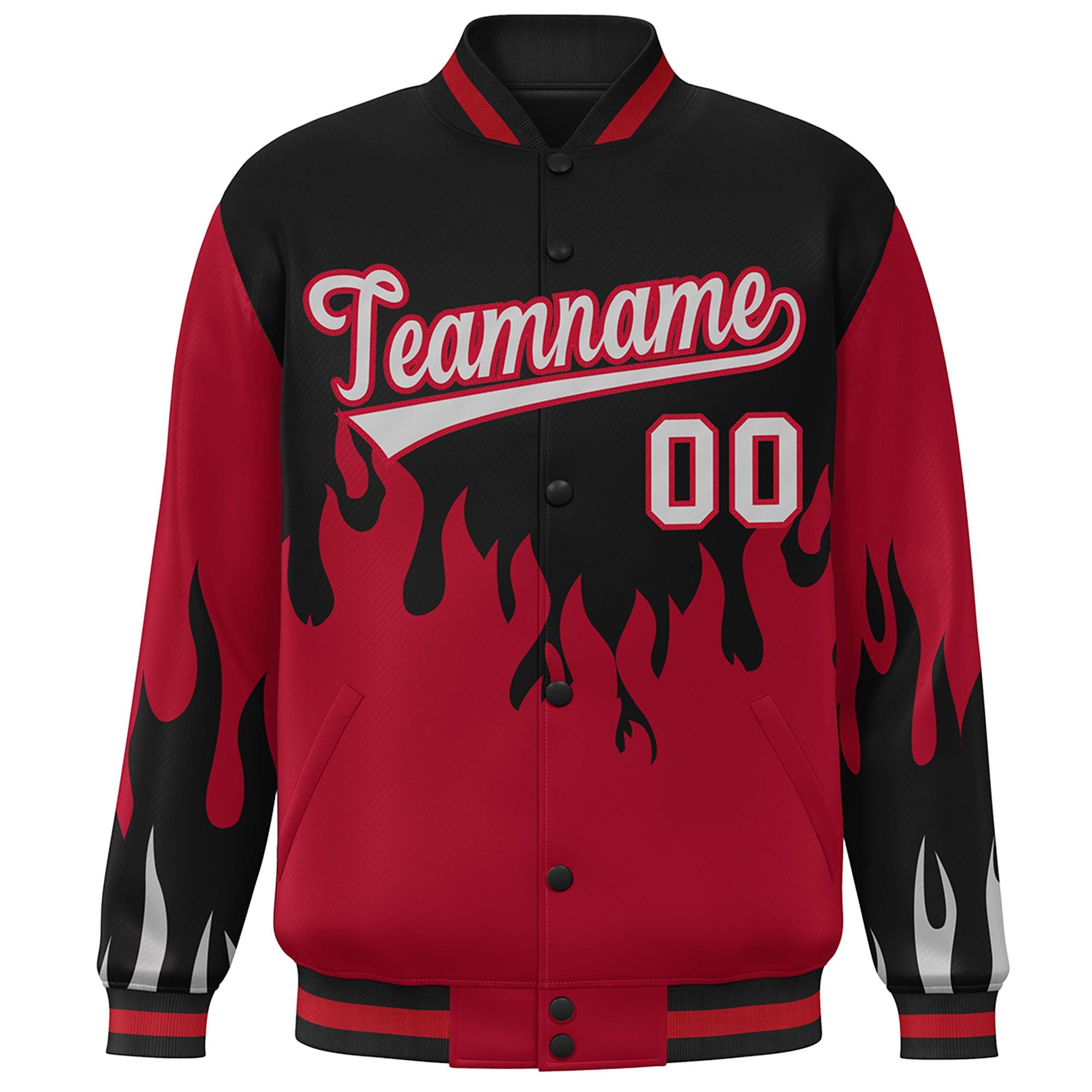 Custom Black Red-Gray Flame Graffiti Pattern Bomber Varsity Full-Snap Jacket