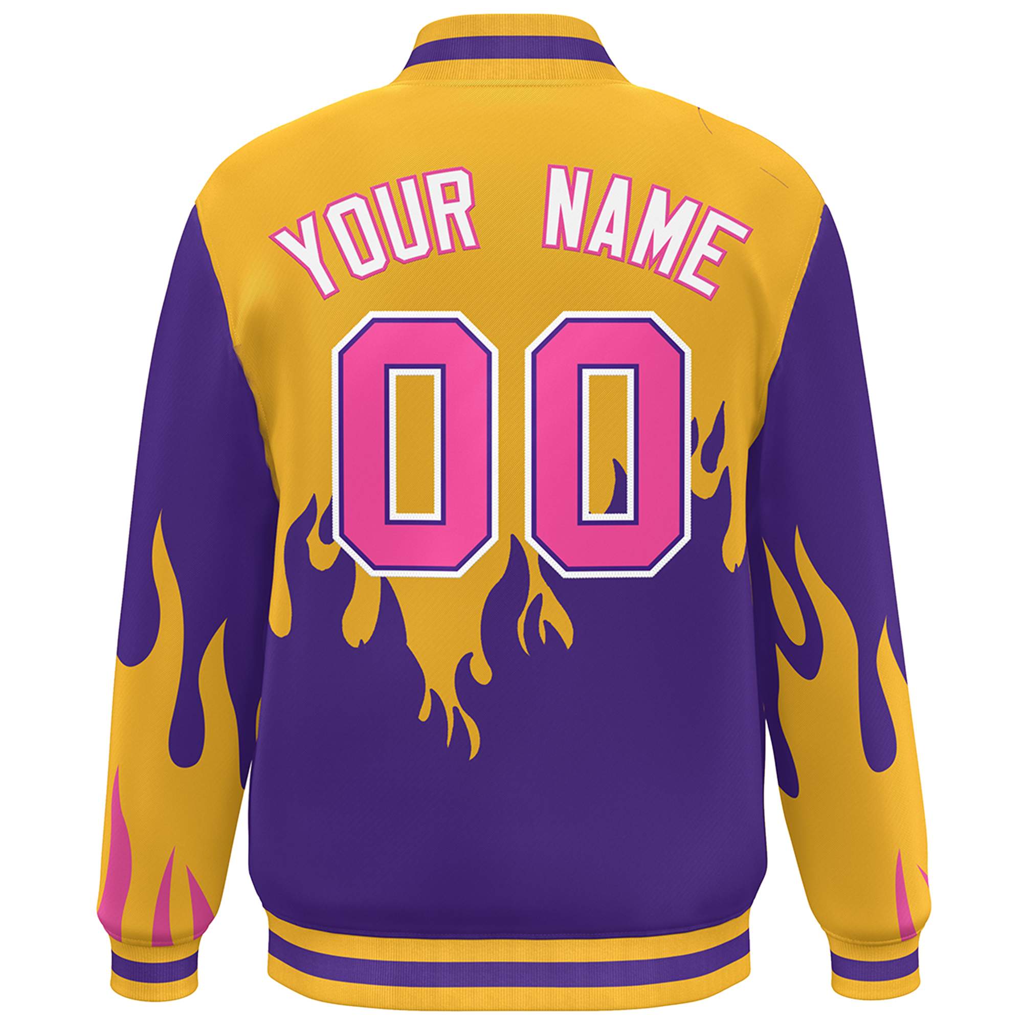 Custom Gold Purple-Pink Flame Graffiti Pattern Bomber Varsity Full-Snap Jacket