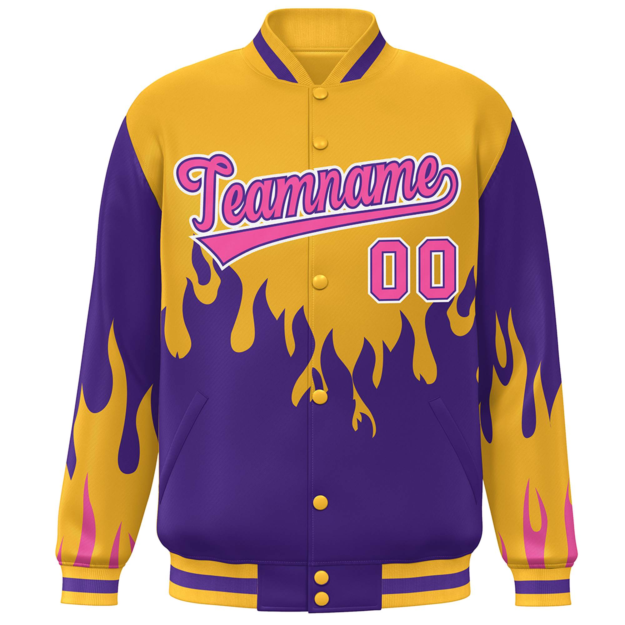 Custom Gold Purple-Pink Flame Graffiti Pattern Bomber Varsity Full-Snap Jacket