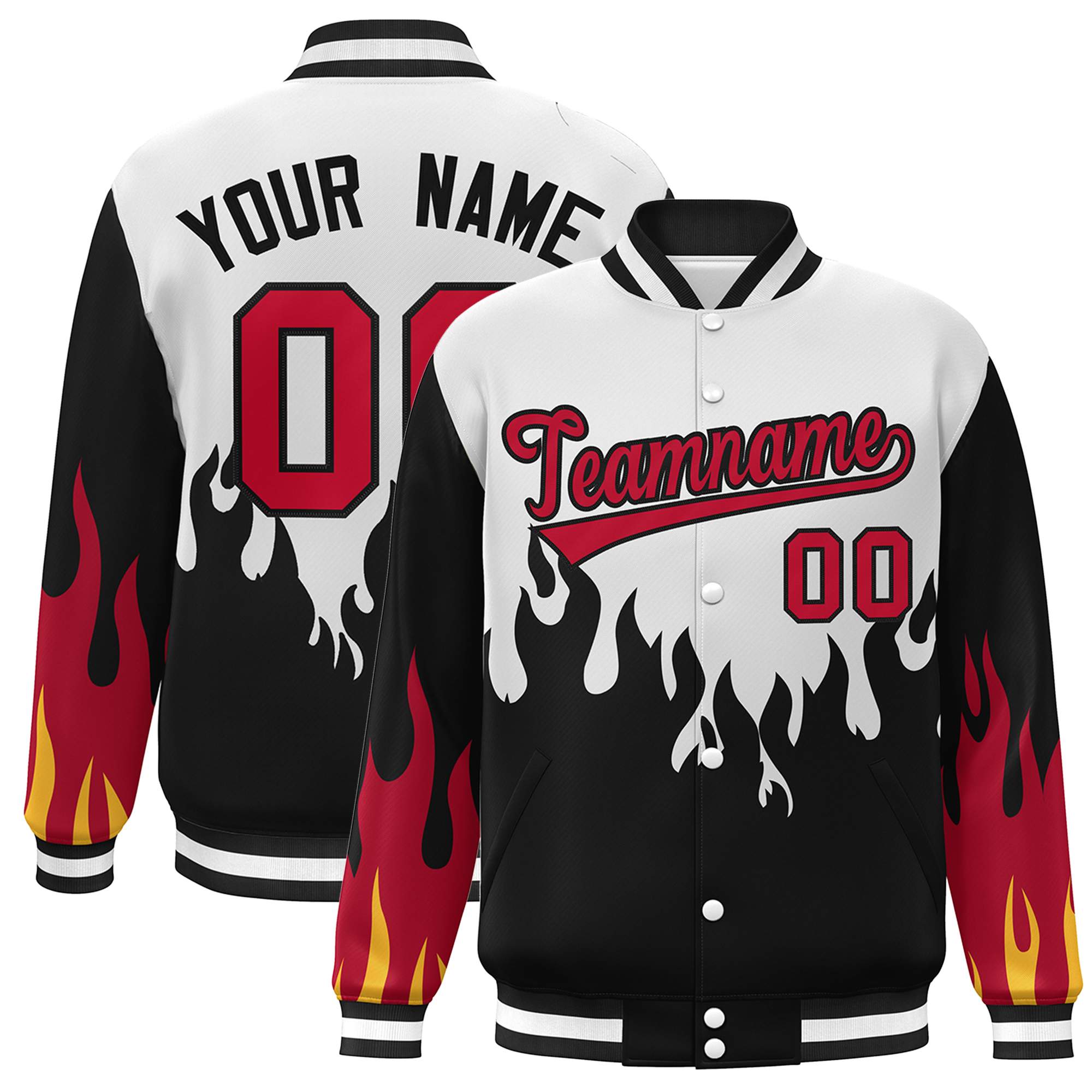 Custom White Black-Red Flame Graffiti Pattern Bomber Varsity Full-Snap Jacket