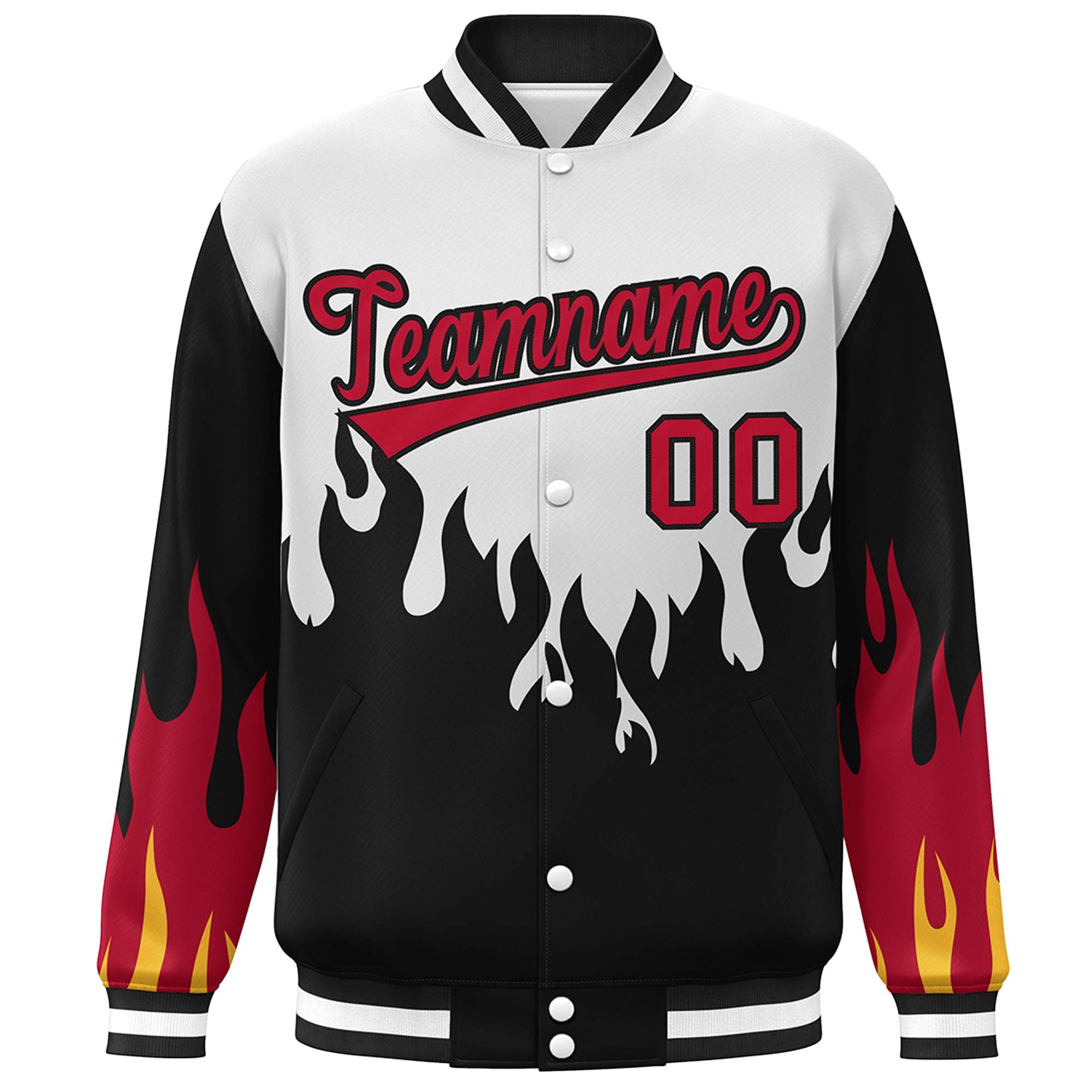 Custom White Black-Red Flame Graffiti Pattern Bomber Varsity Full-Snap Jacket