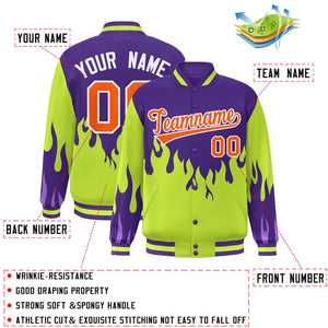 Custom Purple Neon Green-Orange Flame Graffiti Pattern Bomber Varsity Full-Snap Jacket