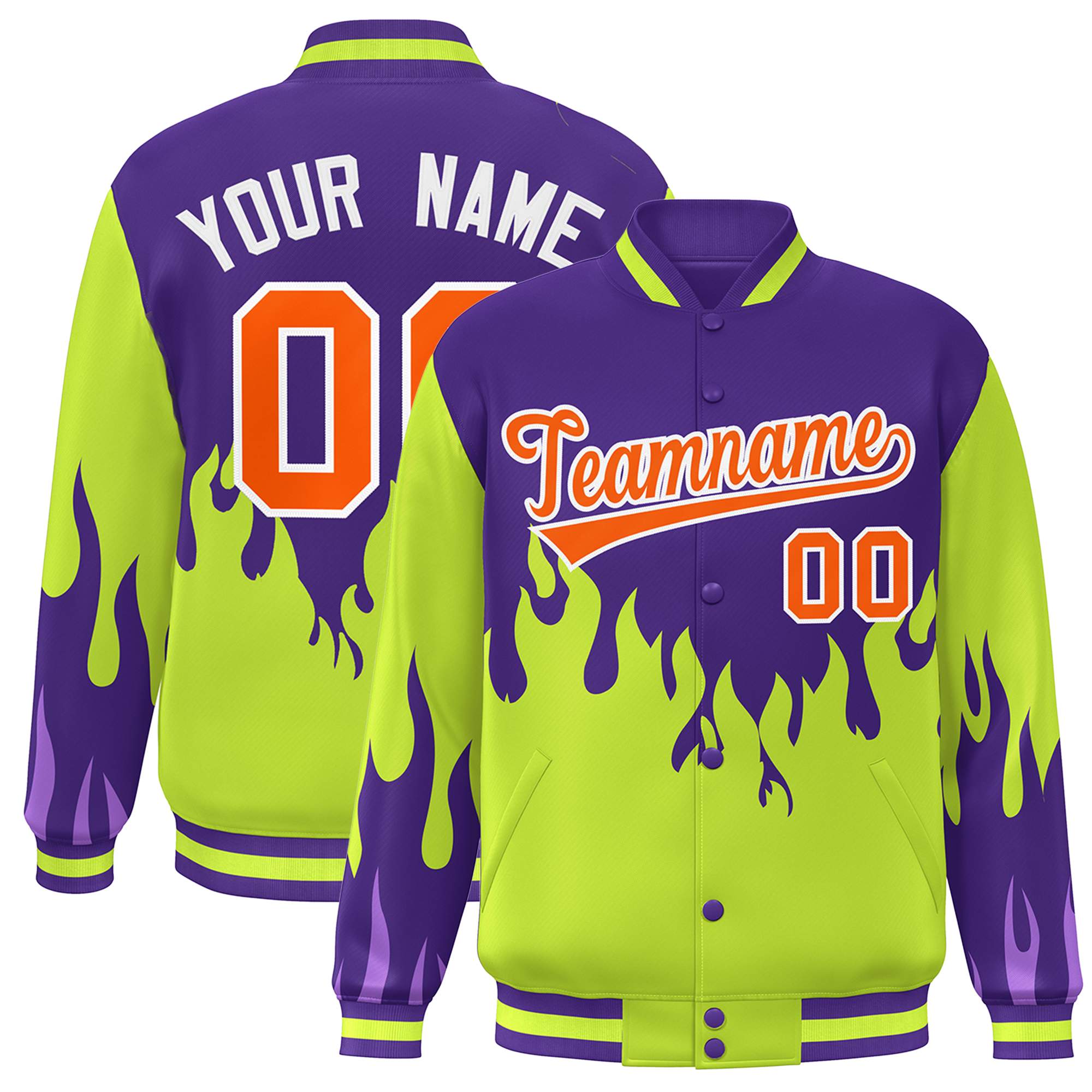 Custom Purple Neon Green-Orange Flame Graffiti Pattern Bomber Varsity Full-Snap Jacket