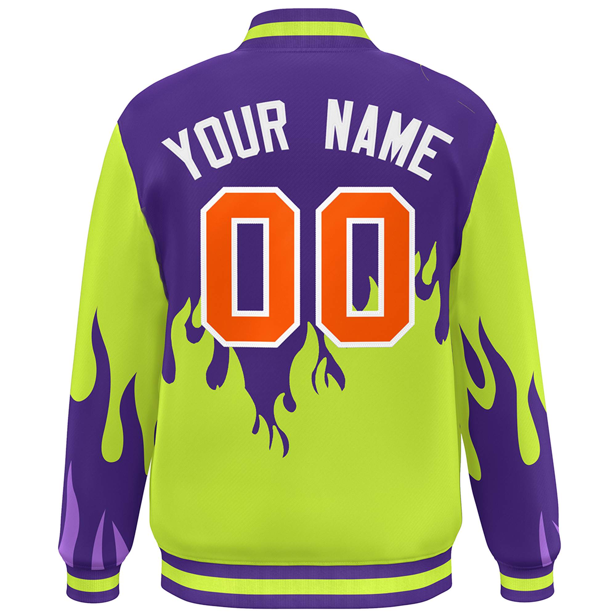 Custom Purple Neon Green-Orange Flame Graffiti Pattern Bomber Varsity Full-Snap Jacket