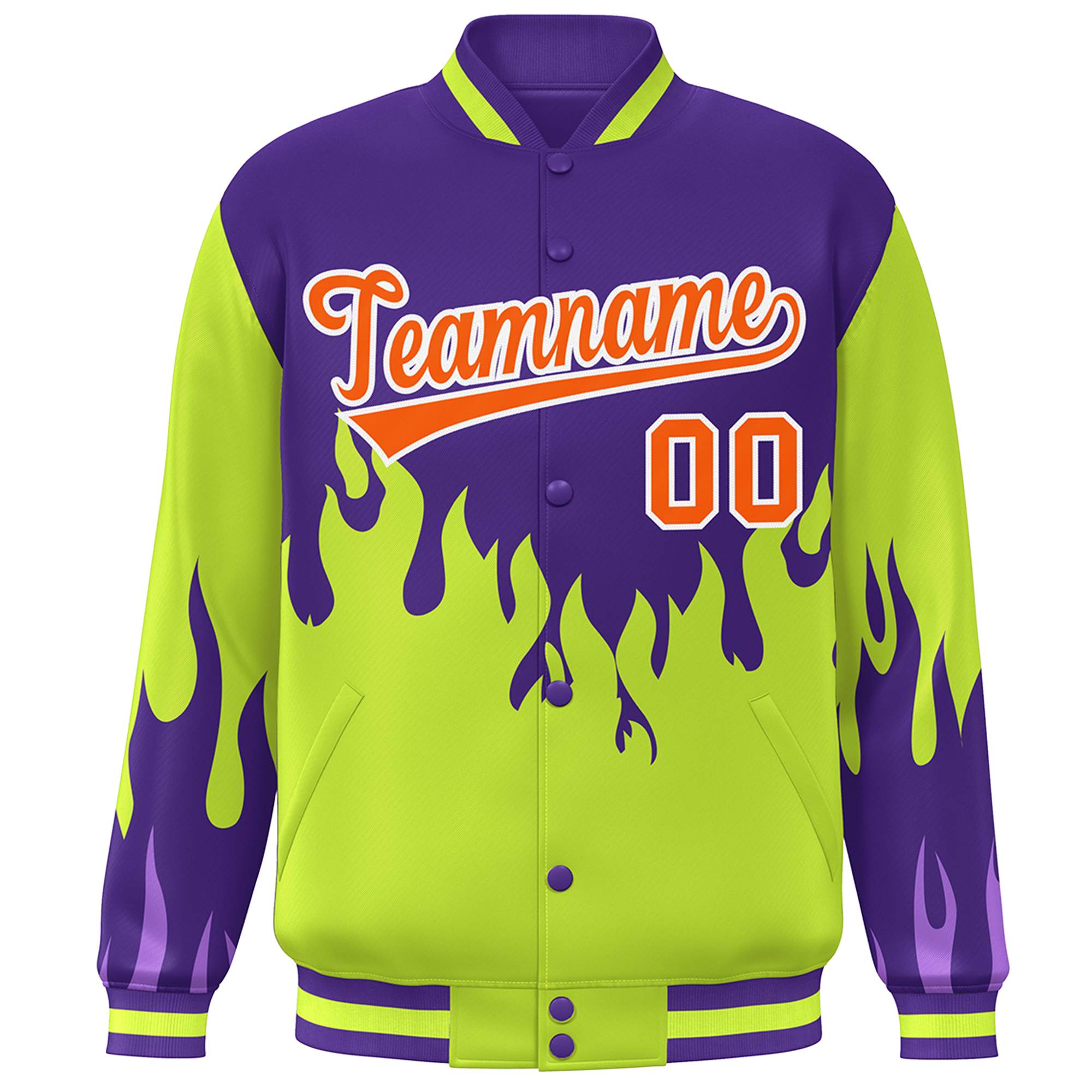 Custom Purple Neon Green-Orange Flame Graffiti Pattern Bomber Varsity Full-Snap Jacket