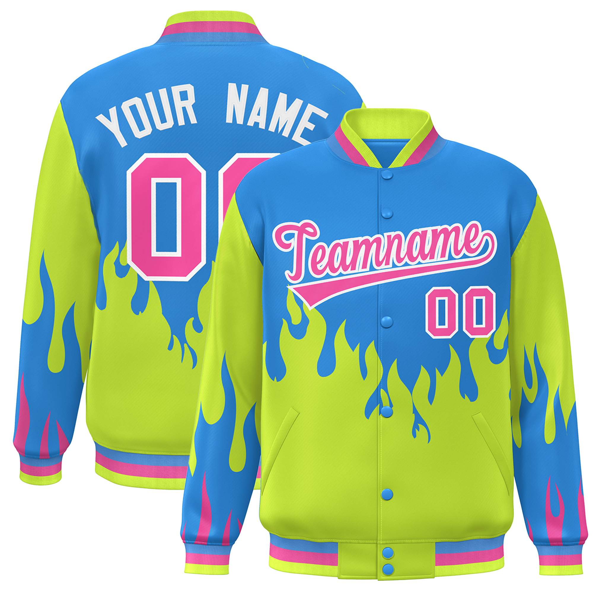 Custom Powder Blue Neon Green-Pink Flame Graffiti Pattern Bomber Varsity Full-Snap Jacket