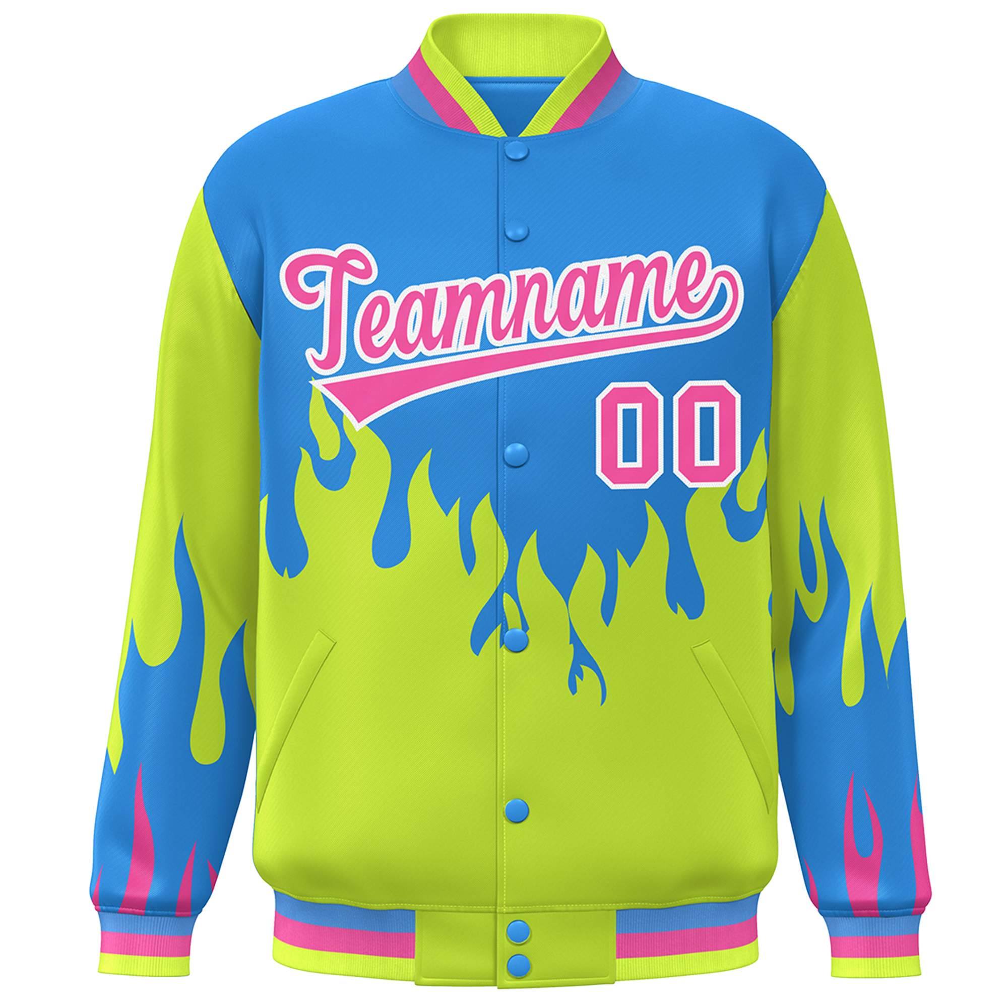 Custom Powder Blue Neon Green-Pink Flame Graffiti Pattern Bomber Varsity Full-Snap Jacket