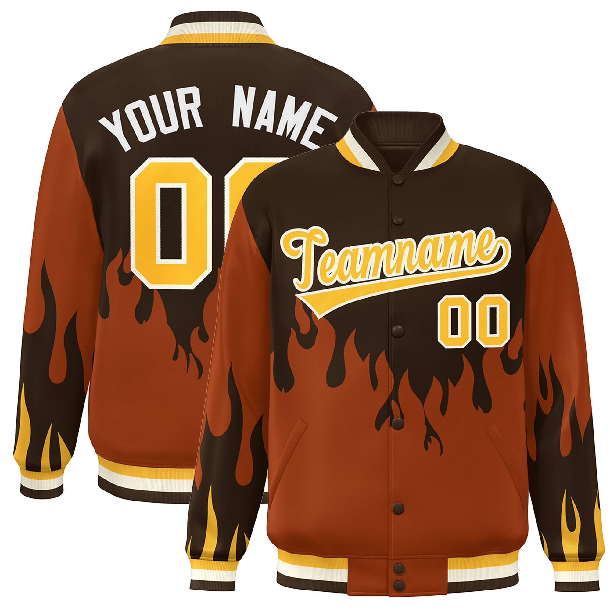 Custom Brown Orange-Gold Flame Graffiti Pattern Bomber Varsity Full-Snap Jacket