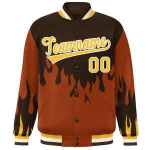 Custom Brown Orange-Gold Flame Graffiti Pattern Bomber Varsity Full-Snap Jacket