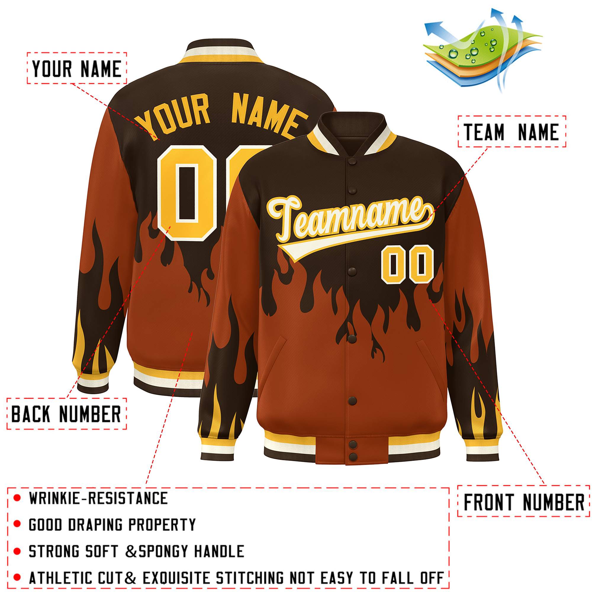 Custom Brown Orange-White Flame Graffiti Pattern Bomber Varsity Full-Snap Jacket