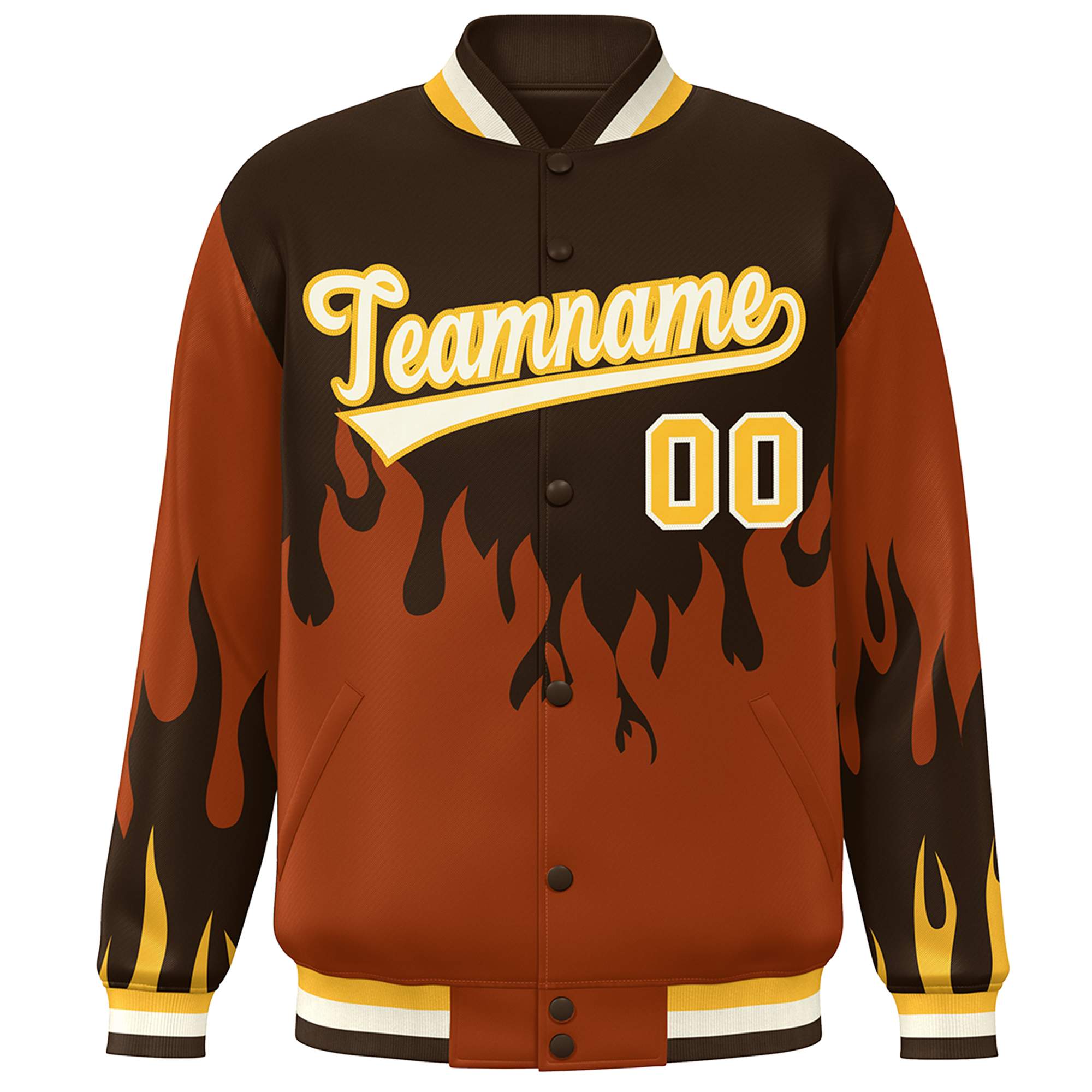 Custom Brown Orange-White Flame Graffiti Pattern Bomber Varsity Full-Snap Jacket