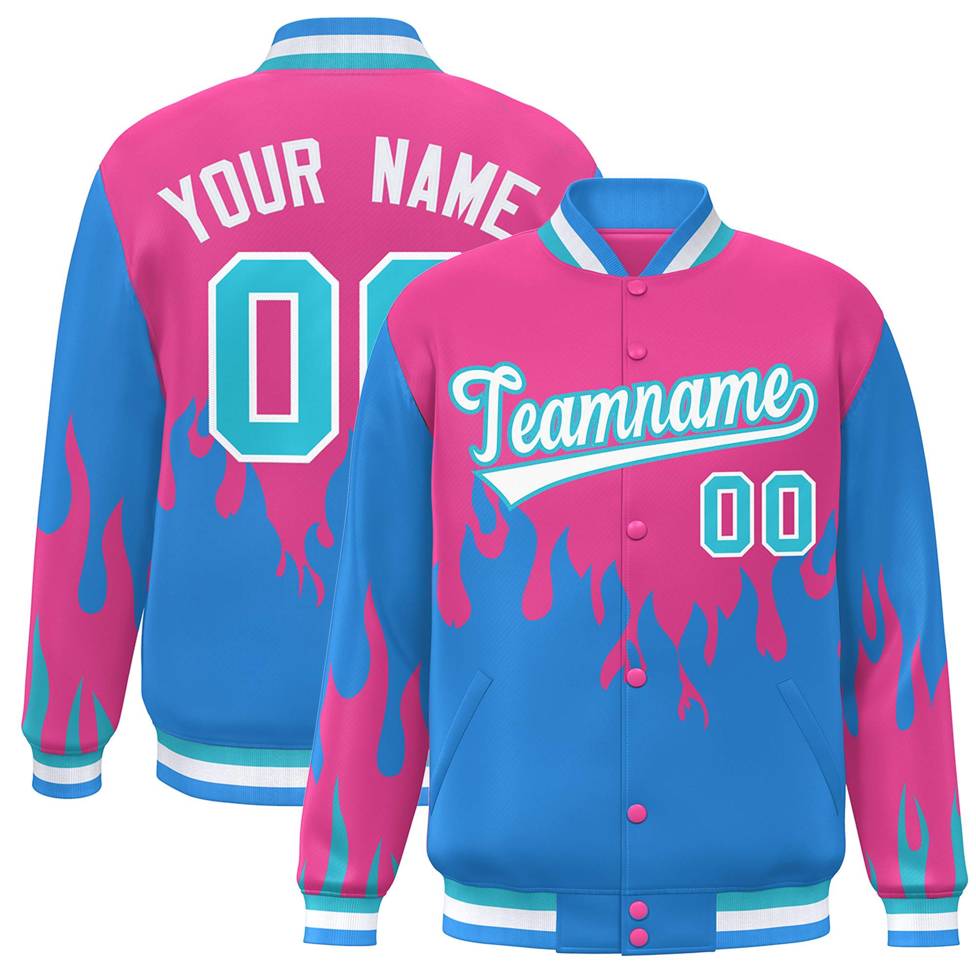 Custom Pink Powder Blue-White Flame Graffiti Pattern Bomber Varsity Full-Snap Jacket