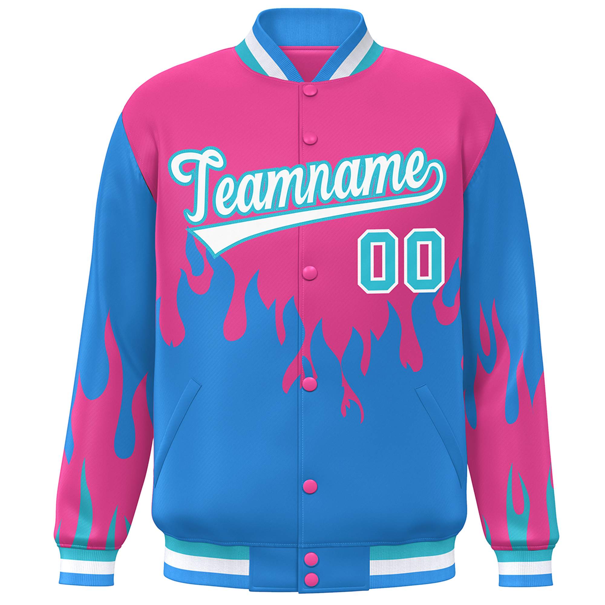 Custom Pink Powder Blue-White Flame Graffiti Pattern Bomber Varsity Full-Snap Jacket