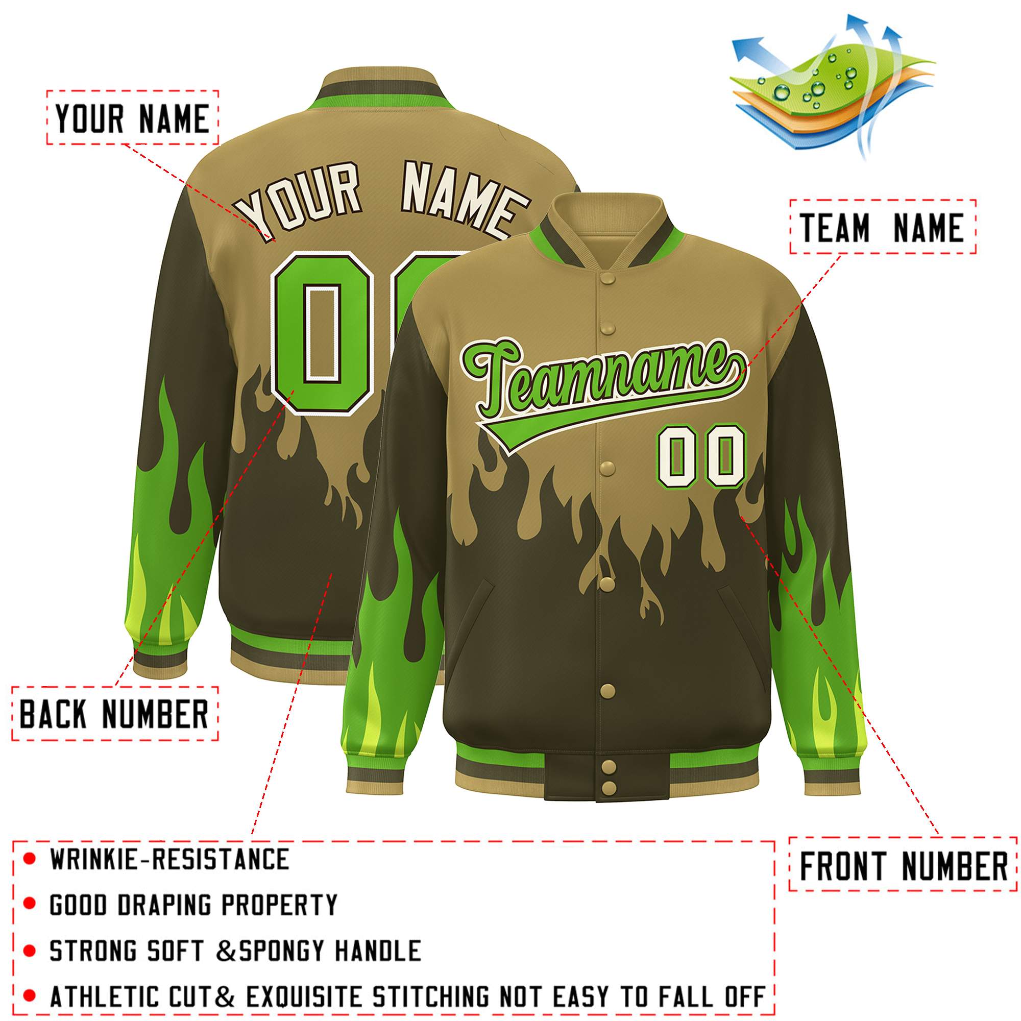 Custom Desert Yellow Olive-Green Flame Graffiti Pattern Bomber Varsity Full-Snap Jacket