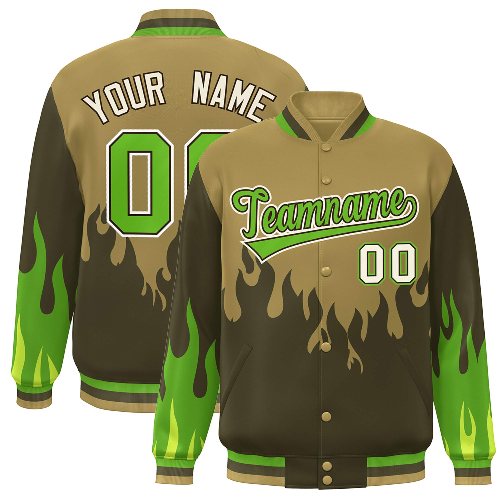 Custom Desert Yellow Olive-Green Flame Graffiti Pattern Bomber Varsity Full-Snap Jacket