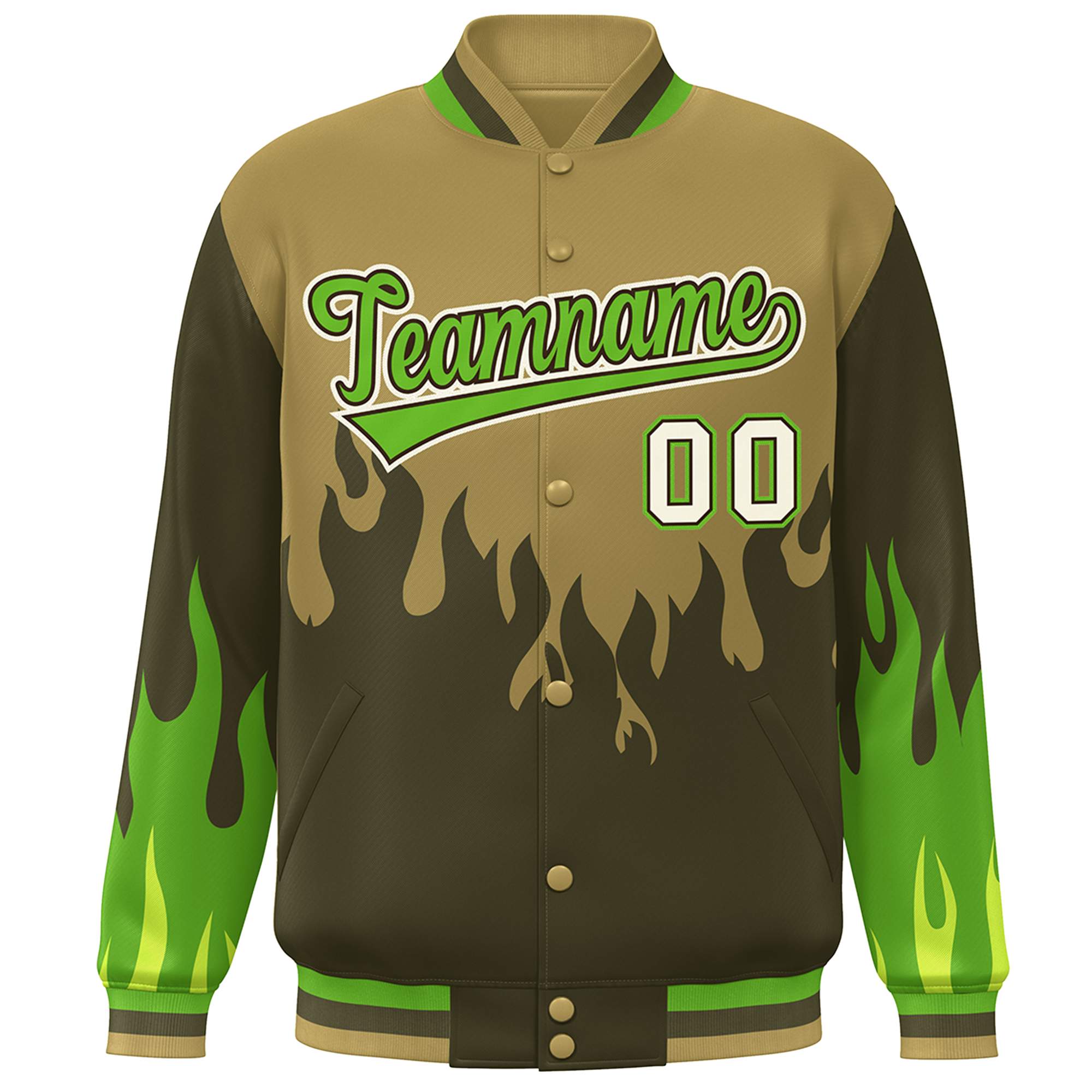 Custom Desert Yellow Olive-Green Flame Graffiti Pattern Bomber Varsity Full-Snap Jacket