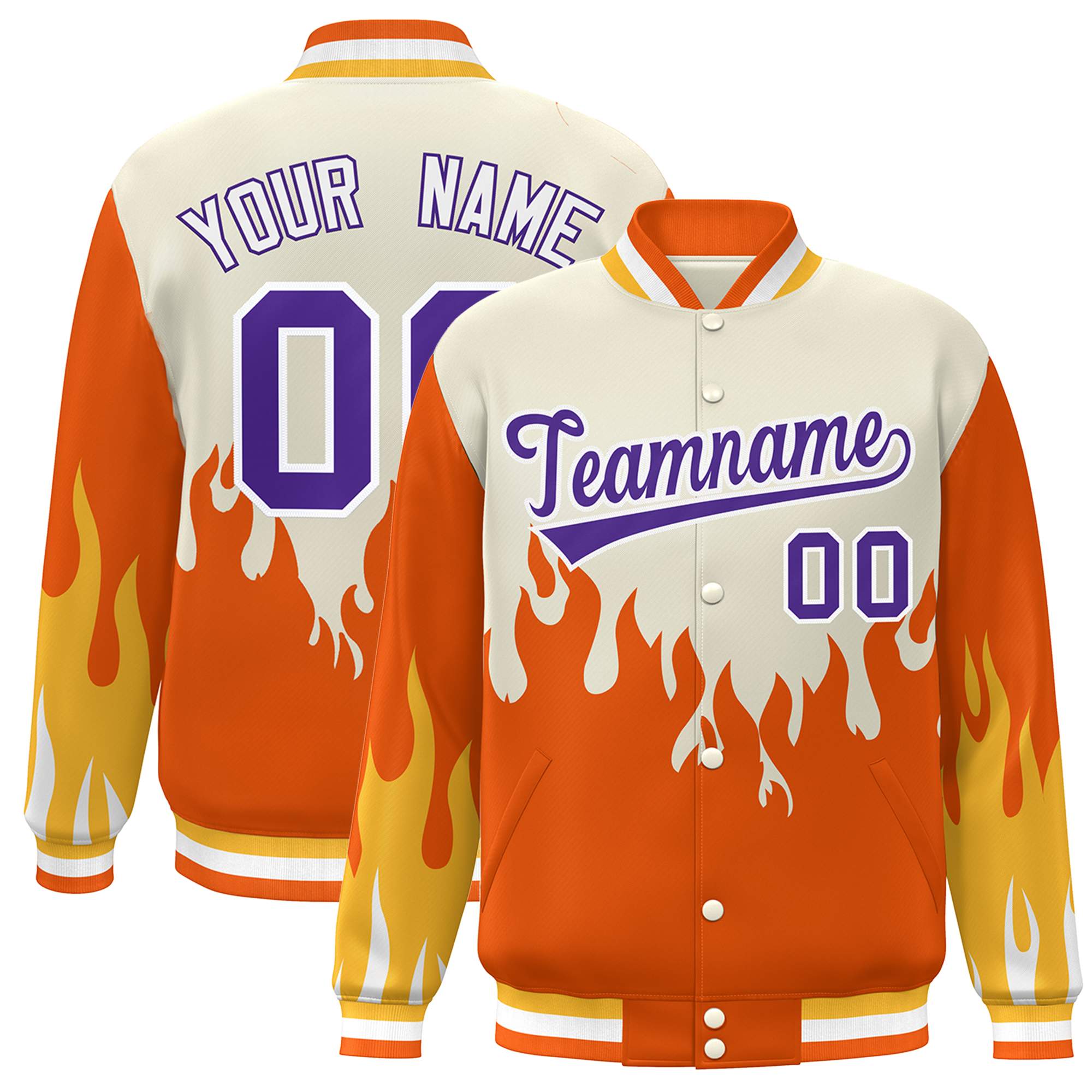 Custom Cream Orange-Purple Flame Graffiti Pattern Bomber Varsity Full-Snap Jacket