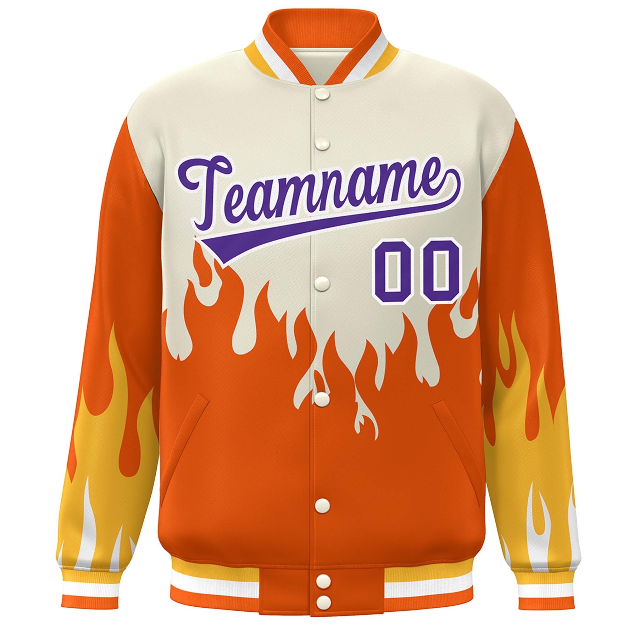 Custom Cream Orange-Purple Flame Graffiti Pattern Bomber Varsity Full-Snap Jacket