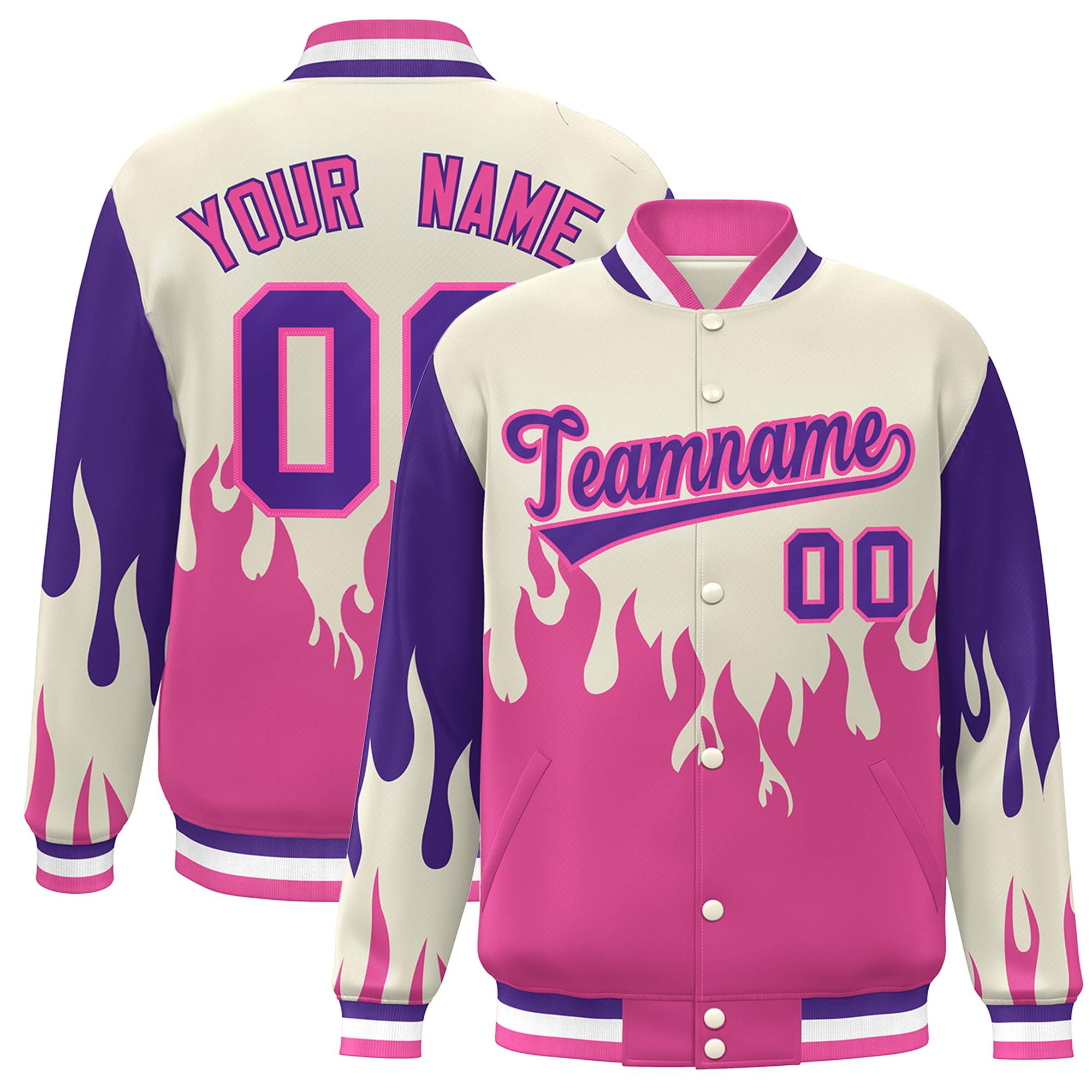 Custom Cream Pink-Purple Flame Graffiti Pattern Bomber Varsity Full-Snap Jacket