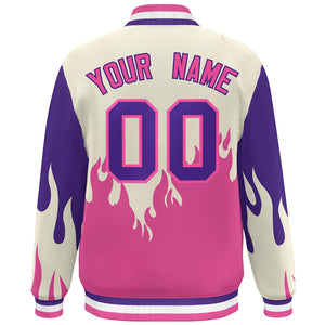 Custom Cream Pink-Purple Flame Graffiti Pattern Bomber Varsity Full-Snap Jacket