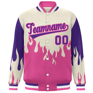 Custom Cream Pink-Purple Flame Graffiti Pattern Bomber Varsity Full-Snap Jacket