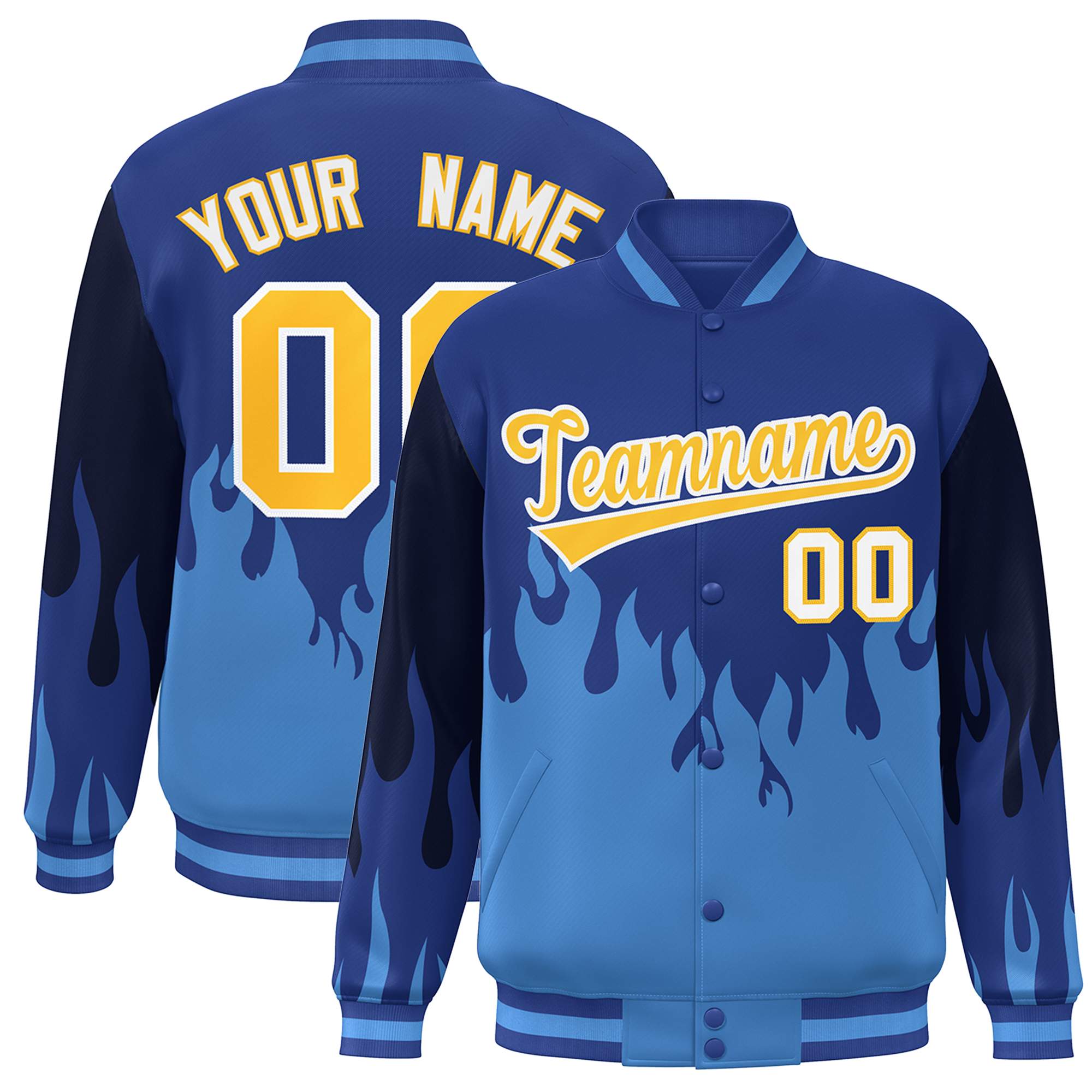 Custom Royal Powder Blue-Gold Flame Graffiti Pattern Bomber Varsity Full-Snap Jacket