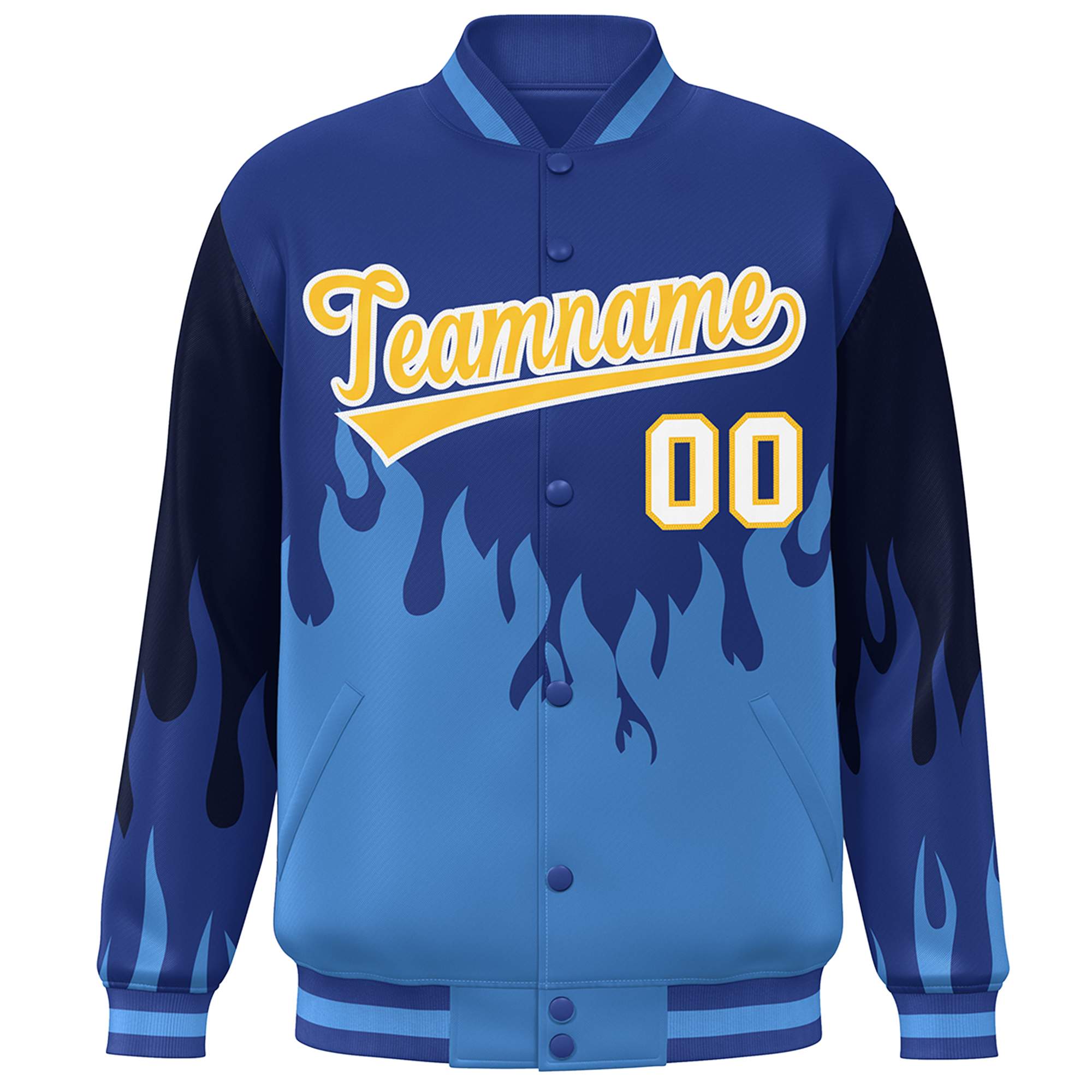 Custom Royal Powder Blue-Gold Flame Graffiti Pattern Bomber Varsity Full-Snap Jacket