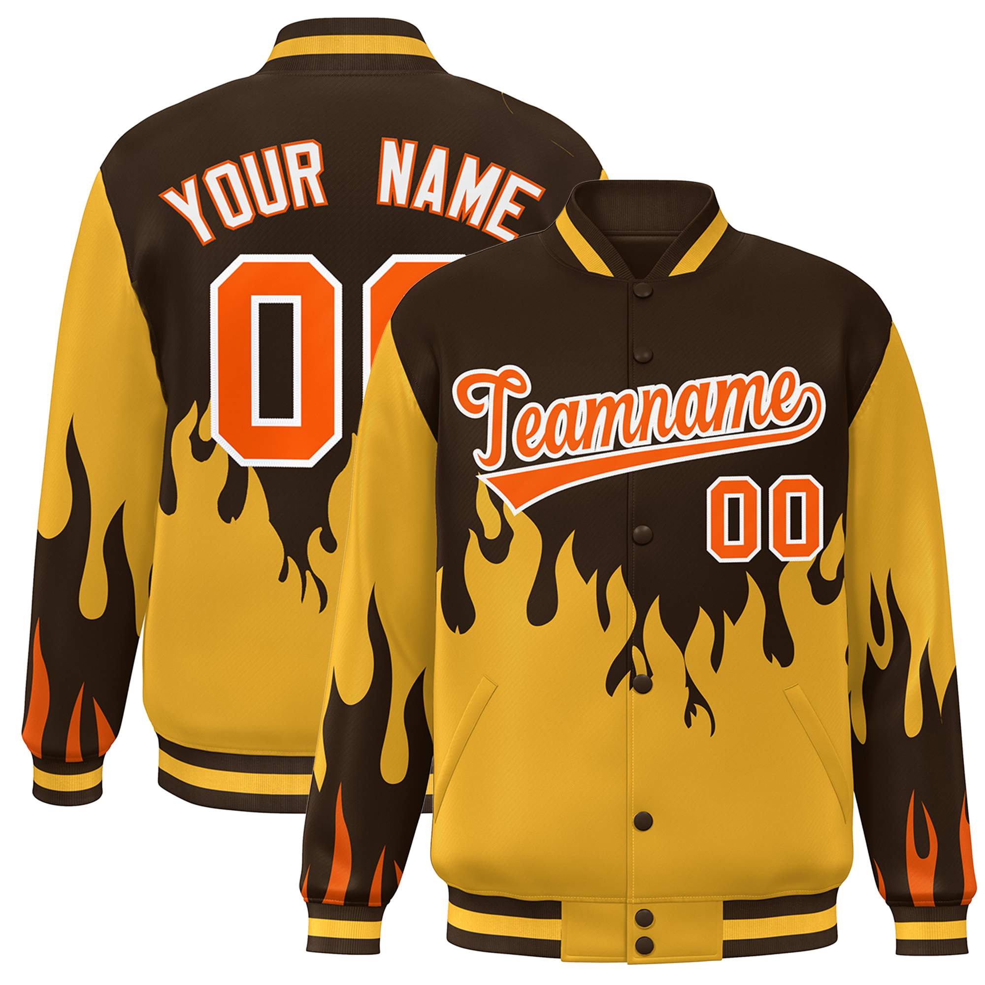 Custom Brown Gold-Orange Flame Graffiti Pattern Bomber Varsity Full-Snap Jacket