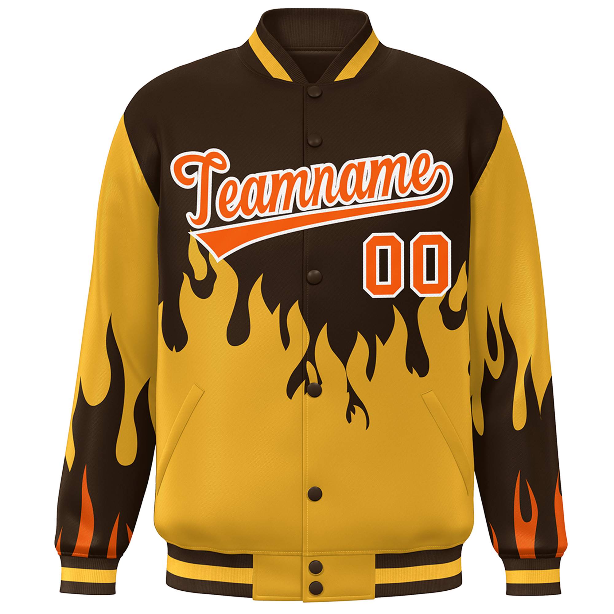 Custom Brown Gold-Orange Flame Graffiti Pattern Bomber Varsity Full-Snap Jacket