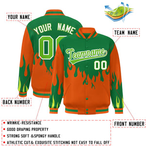 Custom Kelly Green Orange Flame Graffiti Pattern Bomber Varsity Full-Snap Jacket