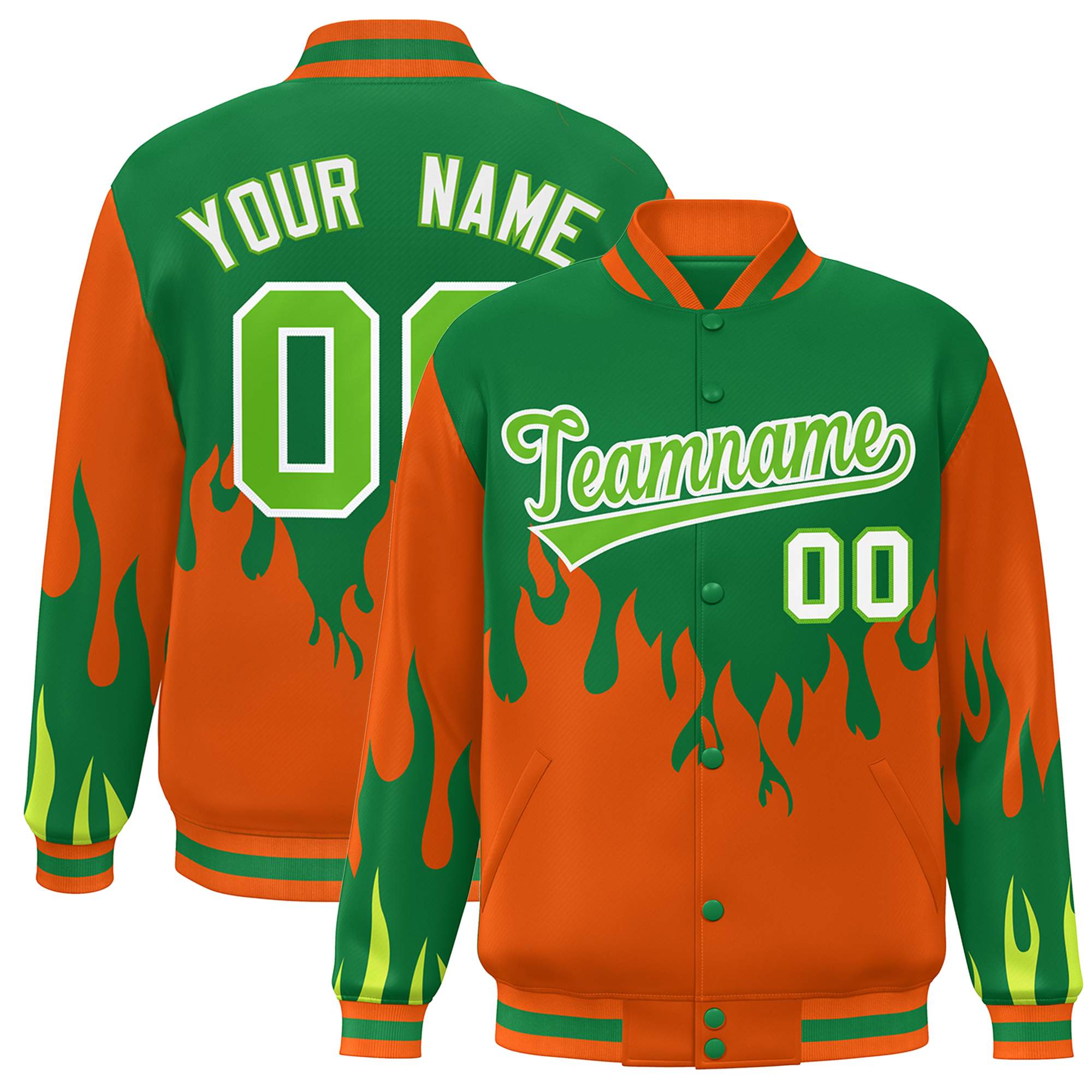 Custom Kelly Green Orange Flame Graffiti Pattern Bomber Varsity Full-Snap Jacket