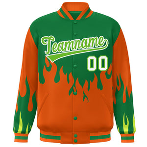 Custom Kelly Green Orange Flame Graffiti Pattern Bomber Varsity Full-Snap Jacket