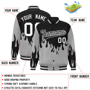 Custom Black Gray-White Flame Graffiti Pattern Bomber Varsity Full-Snap Jacket