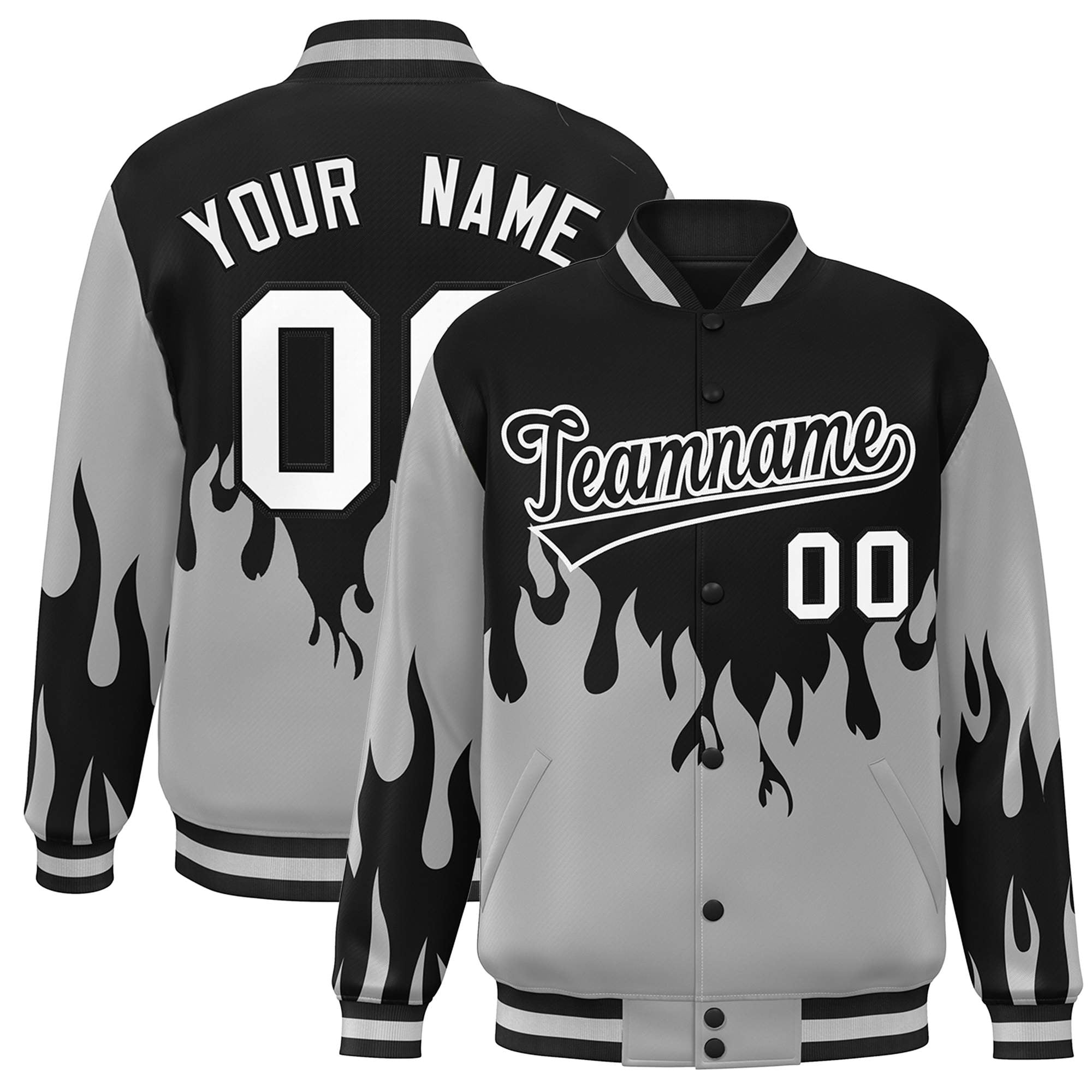 Custom Black Gray-White Flame Graffiti Pattern Bomber Varsity Full-Snap Jacket