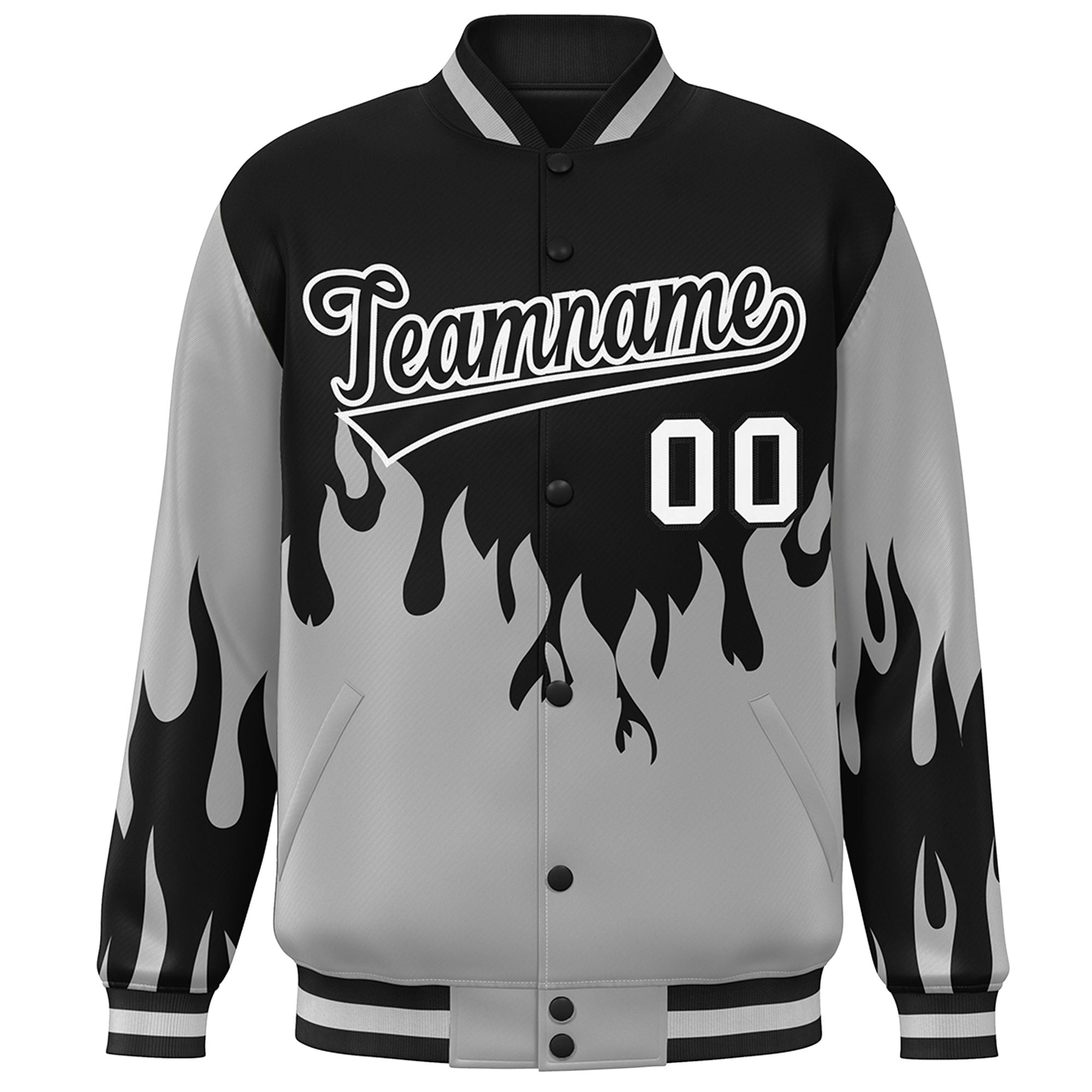 Custom Black Gray-White Flame Graffiti Pattern Bomber Varsity Full-Snap Jacket