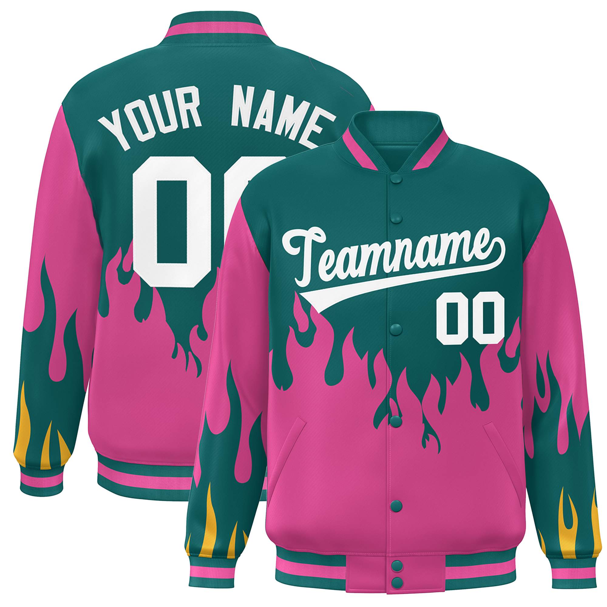 Custom Aqua Pink-White Flame Graffiti Pattern Bomber Varsity Full-Snap Jacket