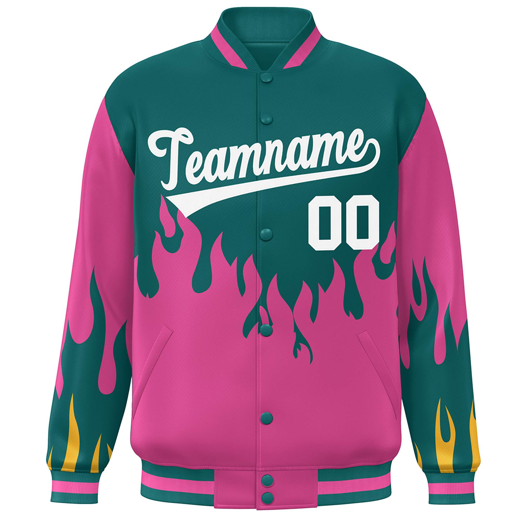 Custom Aqua Pink-White Flame Graffiti Pattern Bomber Varsity Full-Snap Jacket