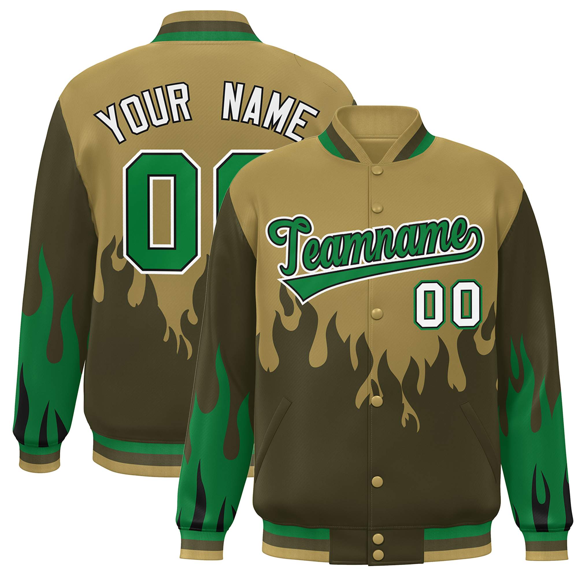 Custom Desert Yellow Olive-Green Flame Graffiti Pattern Bomber Varsity Full-Snap Jacket