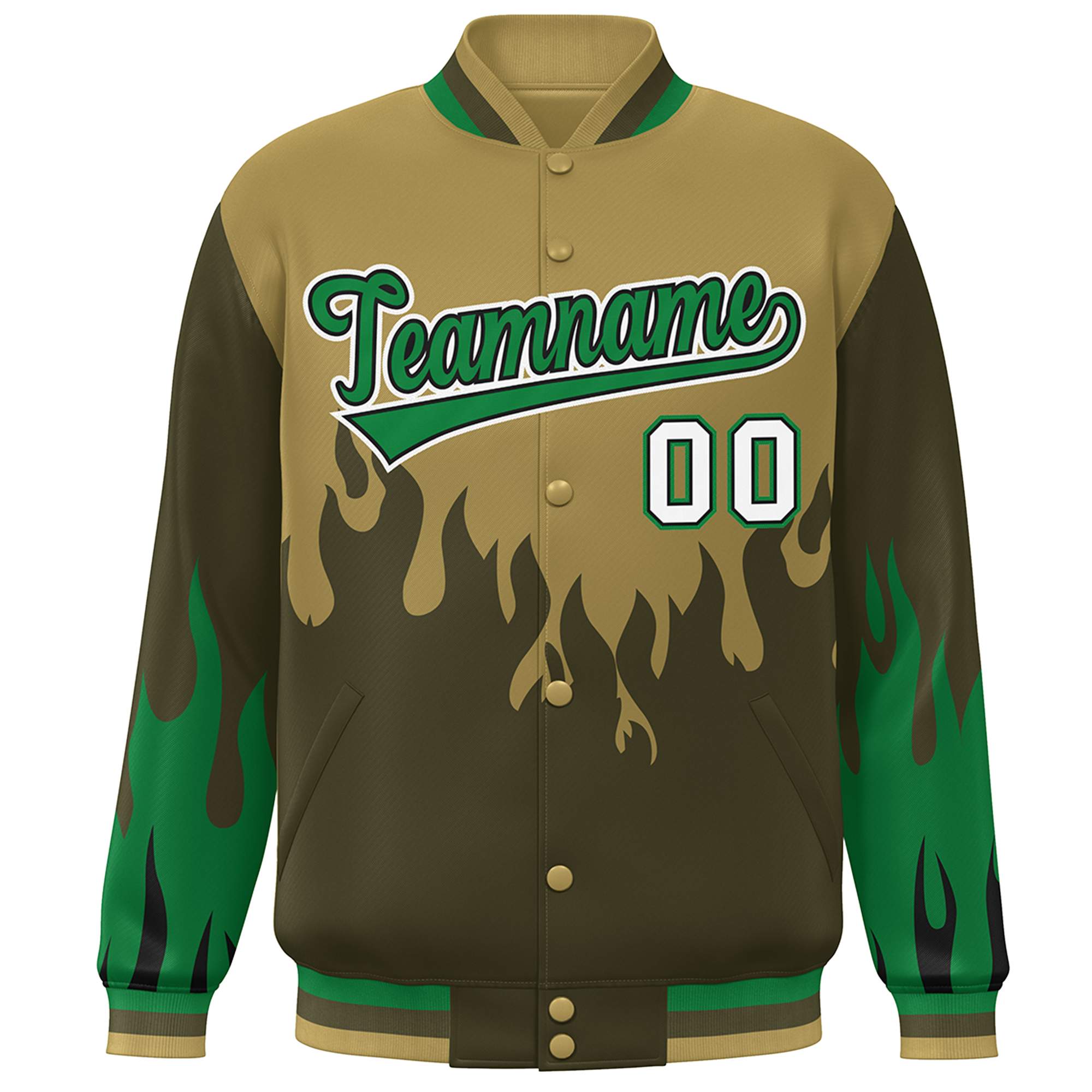 Custom Desert Yellow Olive-Green Flame Graffiti Pattern Bomber Varsity Full-Snap Jacket