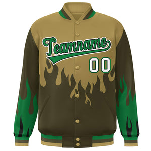 Custom Desert Yellow Olive-Green Flame Graffiti Pattern Bomber Varsity Full-Snap Jacket