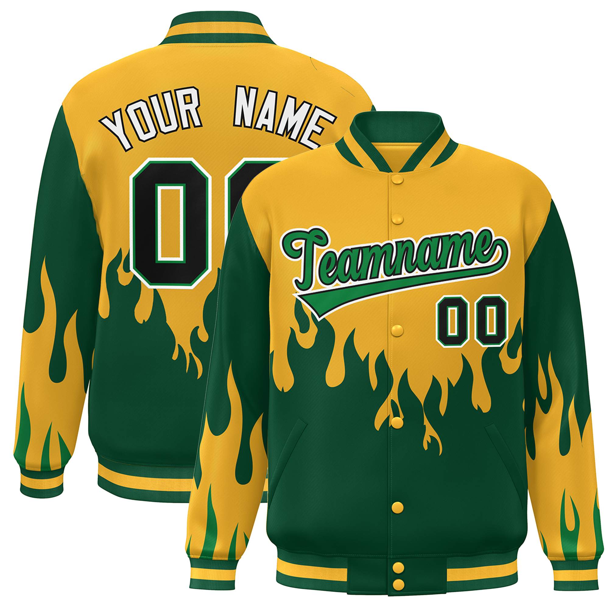 Custom Gold Green-White Flame Graffiti Pattern Bomber Varsity Full-Snap Jacket